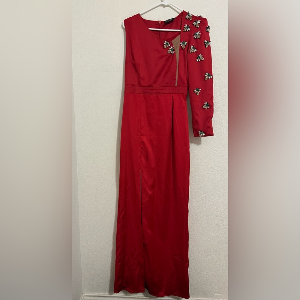 Red Ruched One Shoulder Gown with Bishop Sleeves